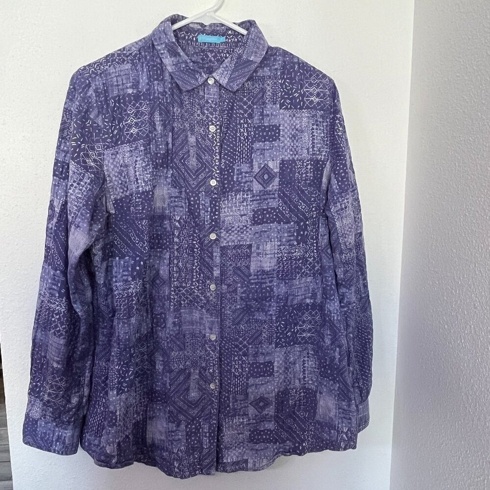 J.McLaughlin Women's Button Down Shirt Purple Patchwork Print Size M